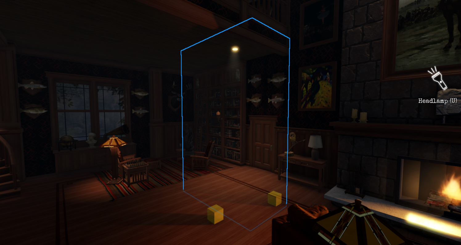 A far out view of a mansion room. An outline of a box is in the middle of the room to signify the volume that triggers gameplay events.