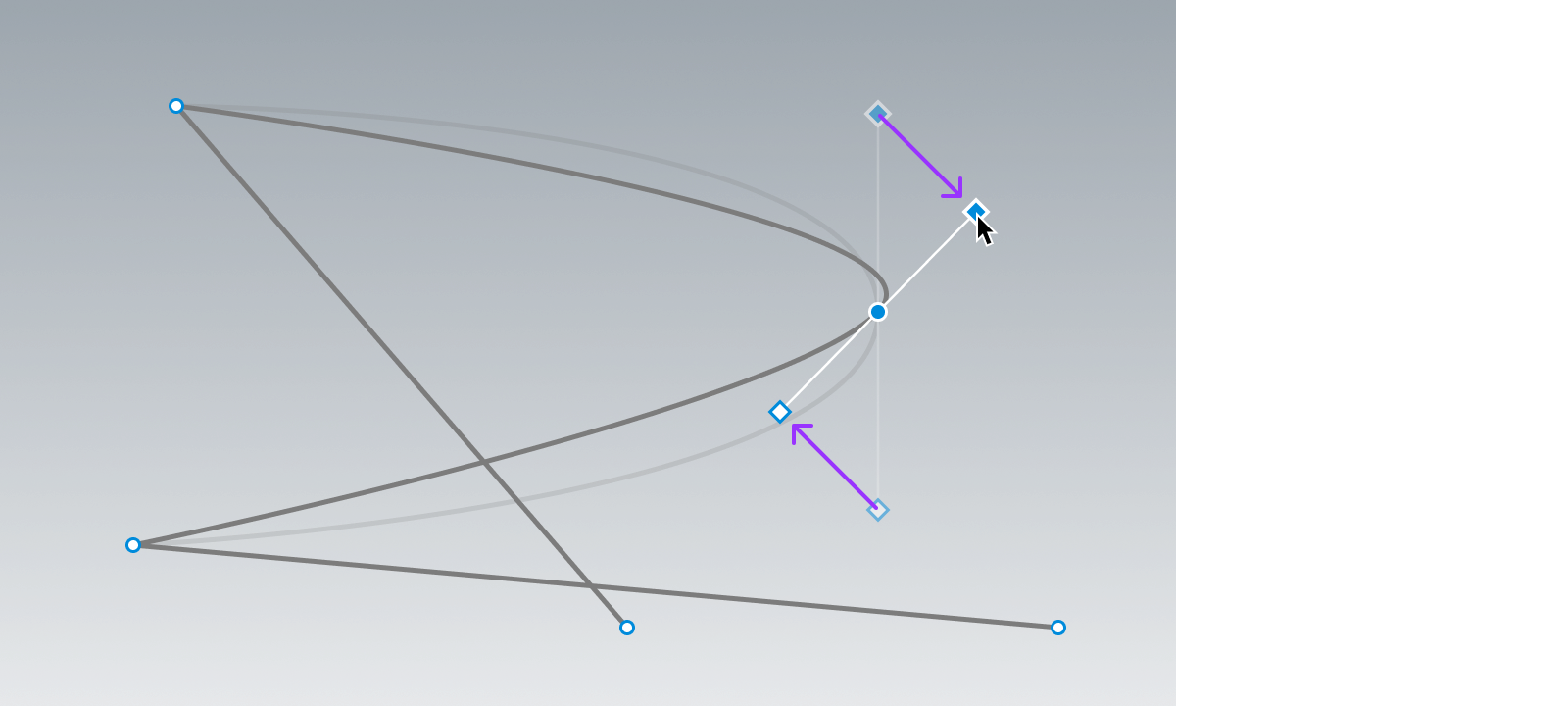 Diagram illustrating how the tangents of a control point are adjusted with the Select tool enabled.