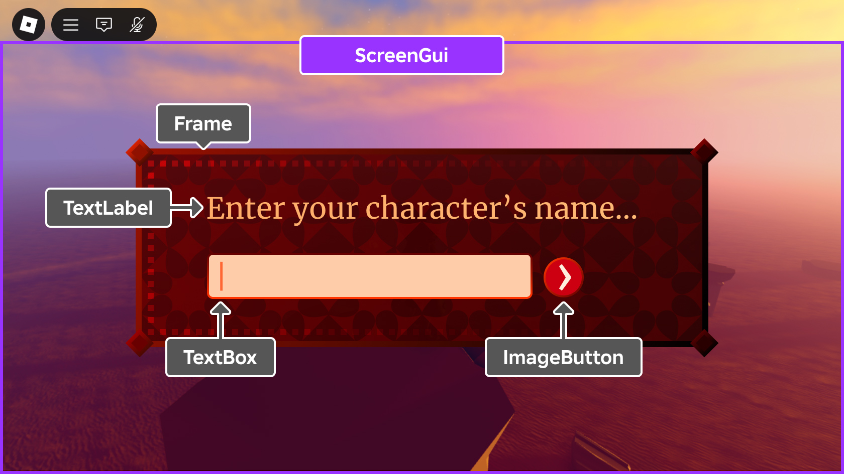 Example ScreenGui with various GuiObject children, including a Frame, TextLabel, TextBox, and ImageButton.