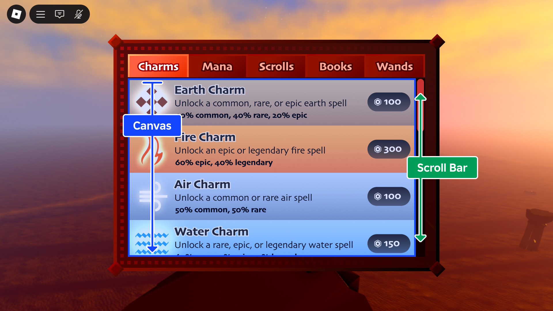 Example ScrollingFrame on the screen containing a tabbed category bar and a list of magical items for the player to consider purchasing.